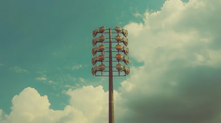 A tall lighting tower stands majestically against a vibrant sky filled with fluffy clouds, shedding light on a sports field below, embodying outdoor athleticism and modern design.の素材