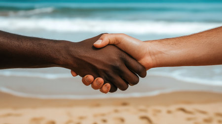 A powerful image capturing a handshake between two individuals of different skin tones on a serene beach. This photo embodies themes of unity, diversity, and friendship against a beautiful backdrop.の素材