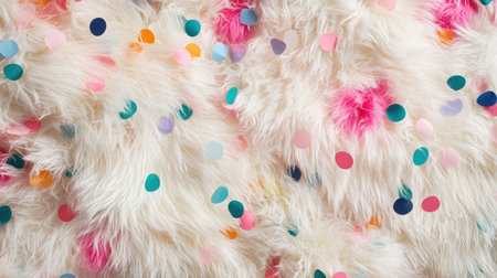 This image showcases a soft white fur texture adorned with vibrant confetti dots, creating a cheerful and vibrant atmosphere perfect for creative projects or festive settings.の素材