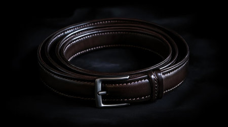 A sophisticated dark brown leather belt featuring a sleek silver buckle, perfect for adding a touch of elegance to any outfit for various occasions.の素材