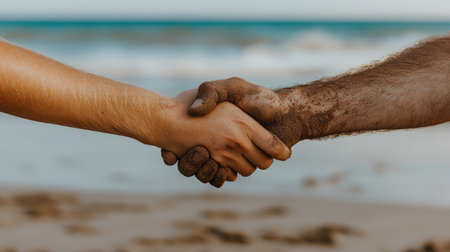 A warm handshake between two people, covered in sand, highlights a moment of connection and friendship on a picturesque beach, with gentle ocean waves in the background.の素材