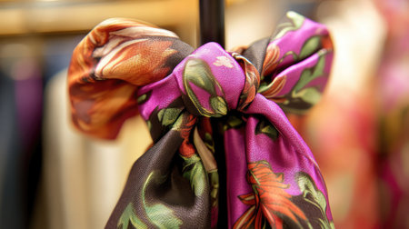 A beautiful silk scarf tied in a bow with intricate floral patterns, displayed elegantly in a boutique, perfect for showcasing trendy fashion accessories and textiles.の素材