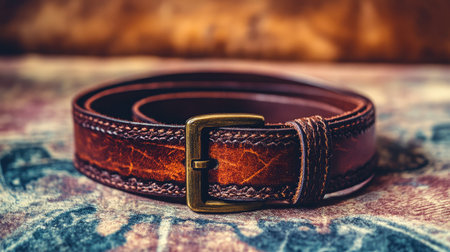 A beautifully crafted vintage leather belt rests on a decorative textile background, showcasing rich tones and texture, ideal for fashion and lifestyle visuals.の素材