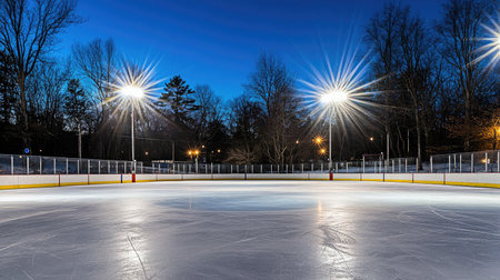An inviting outdoor ice rink bathed in bright floodlight at dusk, featuring a smooth glimmering ice surface surrounded by bare trees and a serene atmosphere.の素材