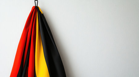 A vibrant Germany flag showcases red, black, and yellow colors hanging elegantly on a wall, ideal for themes of patriotism, culture, and minimalistic design.の素材