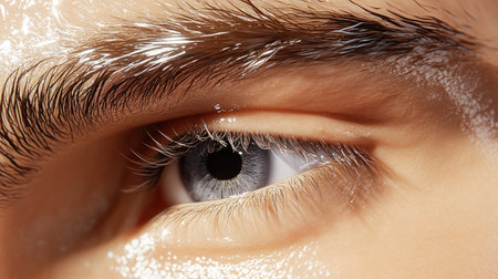 Stunning close-up of a human eye, highlighting the intricate details of the iris and pupil with glossy aesthetics that evoke deep emotions and keen observation.の素材