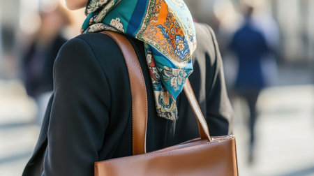A fashionable woman stands confidently in a bustling city, adorned in a vibrant scarf and holding a stylish leather handbag, epitomizing urban fashion and modern aesthetics.の素材