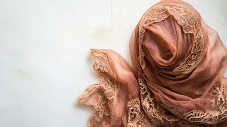A delicate blush scarf featuring intricate lace that adds elegance and softness, perfect for fashion shoots, styling, and artistic backgrounds in various projects.の素材