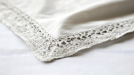 A close-up view of cream fabric featuring an intricate lace border. Ideal for showcasing textures in home decor and fashion. Perfect for design inspiration and elegant presentations.の素材