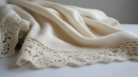 A soft cream fabric with delicate lace trim, perfect for showcasing elegance in textile design and home decor aesthetics, ideal for serene and cozy settings.の素材