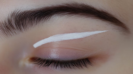 This close-up shot features a white eyeliner stroke on a beautifully made-up eyelid, showcasing a minimalist approach to beauty and highlighting artistry in cosmetic design.の素材