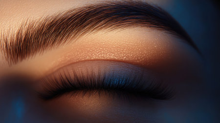 A stunning close-up shot of a female eye showcasing long eyelashes and a perfectly defined eyebrow, emphasizing beauty, elegance, and artistic light play.の素材