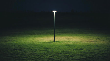 A solitary lamp shines brightly on a green lawn at night, creating a peaceful atmosphere in the urban park perfect for quiet moments or relaxation.の素材