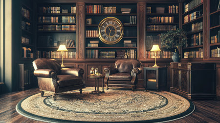Discover a serene reading nook with elegant leather armchairs, a classic clock, and rich wooden bookshelves, creating a warm and inviting atmosphere perfect for quiet moments.の素材