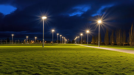A tranquil night landscape showcasing a lit pathway lined with lampposts in a green park under a dramatic dark sky, creating a serene atmosphere.の素材