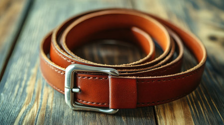A beautifully crafted brown leather belt with a shiny silver buckle, resting on a rustic wooden surface, perfect for fashion-focused imagery and lifestyle projects.の素材