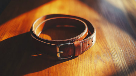 A stylish brown leather belt elegantly curled on a polished wooden surface, showcasing a rich texture and natural color variations illuminated by soft sunlight.の素材