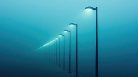 Street lamps create a serene pathway in a foggy nighttime scene, enveloping the area in soft blue light, evoking a sense of peace and mystery. Perfect for atmospheric imagery.の素材
