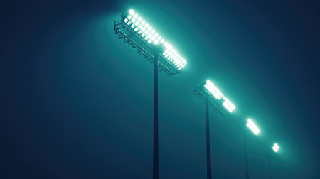 A captivating night scene showcasing high-intensity floodlights illuminating a foggy stadium, enhancing the visibility and atmosphere for sporting events and outdoor activities.の素材