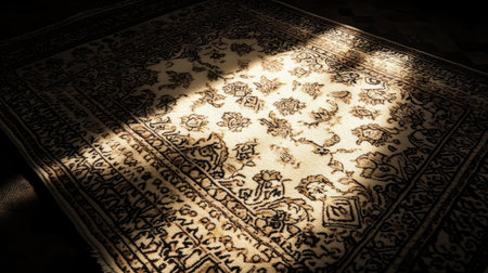 A beautiful vintage area rug featuring intricate patterns and textures, softly illuminated by natural light, creating a cozy and inviting atmosphere in an interior space.の素材