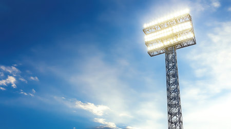 A towering metal floodlight structure beams bright light across a sports field, creating a dynamic atmosphere for evening events under a stunning blue sky.の素材