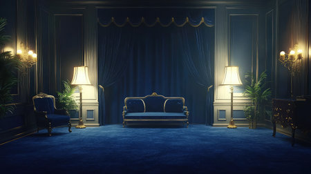 A stunning grand room showcasing luxury with rich blue tones, elegant furnishings, and ambient lighting, perfect for a sophisticated and tranquil atmosphere. Ideal for interior design inspiration.の素材