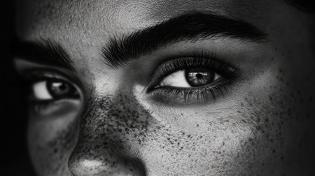 This striking black and white close-up showcases a young woman's captivating eyes and charming freckles, creating an emotional resonance through its detailed artistry.の素材