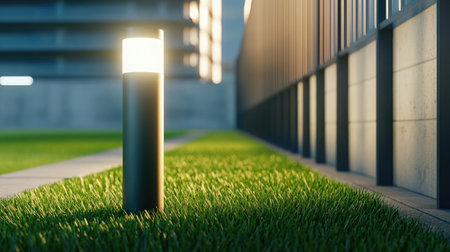 A modern outdoor light fixture shines brightly along a grassy pathway, enhancing the urban landscape with calm ambiance and contemporary design against a blurred building backdrop.の素材