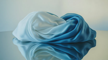 A graceful arrangement of satin fabric in soft blue and white hues draped elegantly on a reflective surface, creating a tranquil and stylish visual effect suited for various design applications.の素材
