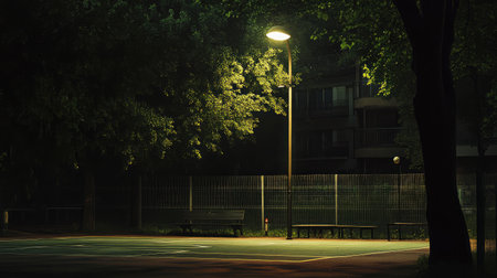 A serene night view of an unoccupied basketball court illuminated by a streetlight, surrounded by lush trees, showcasing a tranquil urban environment perfect for relaxation.の素材