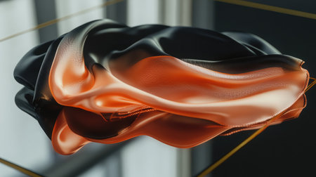 A beautifully styled satin fabric in black and orange creates a soft, elegant look. The draped folds add texture while the glossy surface enhances the overall aesthetic appeal.の素材
