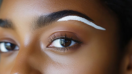 A stunning close-up view of a woman's eye adorned with white eyebrow makeup, showcasing natural beauty and artistry in fashion photography. Captivating details highlight unique features.の素材