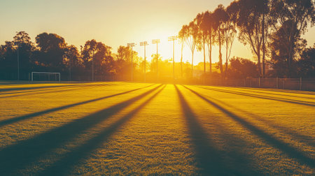 A peaceful sports field bathed in golden sunlight, showcasing long shadows and vibrant greenery under a serene evening sky. Perfect for tranquil outdoor settings.の素材