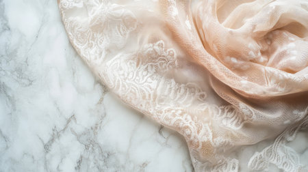 A delicate sheer fabric gently drapes over a smooth marble surface, creating an elegant visual interplay of textures and colors perfect for fashion or home decor projects.の素材