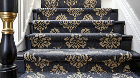 A beautifully designed staircase adorned with an ornate carpet runner featuring intricate floral patterns, adding a touch of elegance and warmth to any interior space.の素材