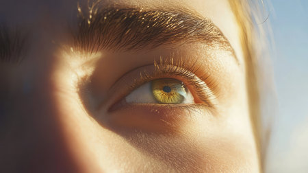 This stunning close-up showcases a vibrant green eye with intricate details and reflections, capturing the essence of human emotion and natural beauty in a serene atmosphere.の素材