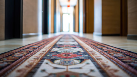 A beautifully designed corridor featuring a detailed carpet that guides the eye towards the bright entrance, enhancing the ambiance with warmth and elegance.の素材