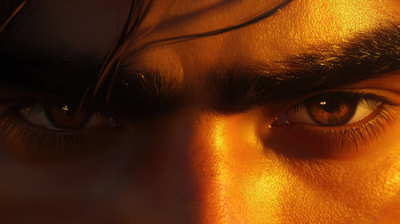 A striking close-up image of a male's eyes illuminated by golden light, revealing deep emotions and intense focus, perfect for evoking connection and artistry.の素材