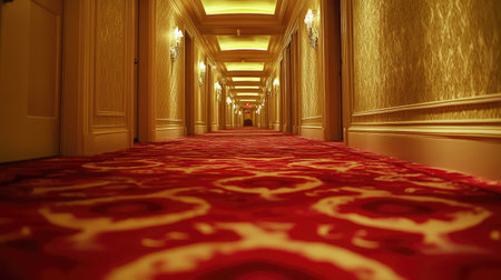 Captivating view of a luxurious hotel corridor featuring an ornate red carpet and warm lighting, exemplifying elegance and comfort ideal for hospitality imagery.の素材