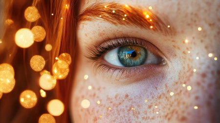 Stunning close-up view of a woman's eye, featuring vibrant bokeh lights and natural freckles, highlighting beauty and emotion in a captivating and serene manner.の素材