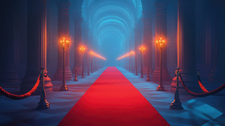 A stunning visual of a majestic hallway featuring a red carpet flanked by elegant pillars and soft blue lighting, creating a mysterious and grand ambiance perfect for various artistic projects.の素材