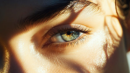 Captivating close-up of a human eye showcasing stunning iris patterns and soft light reflections, highlighting the natural beauty and intricate details of the eye.の素材