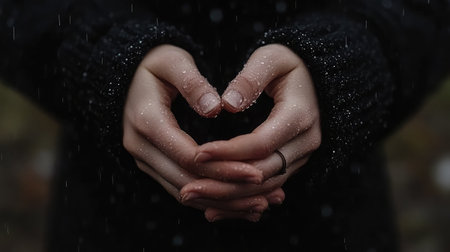 Hands form a heart shape against a backdrop of falling rain, capturing the essence of love and connection in nature. A tranquil and emotional moment depicted beautifully.の素材