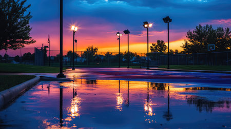 A beautiful sunset creates a vivid reflection on a sports court, showcasing vibrant colors and illuminated lights, creating a serene atmosphere after rainfall in a city park.の素材