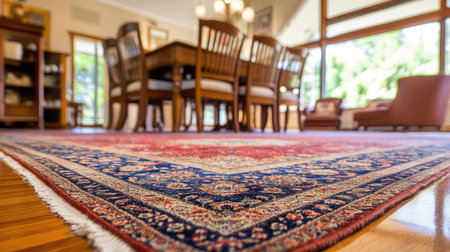 A cozy dining room featuring an elegant oriental rug, wooden furniture, and large windows that invite natural light, creating a warm and inviting atmosphere for family gatherings.の素材