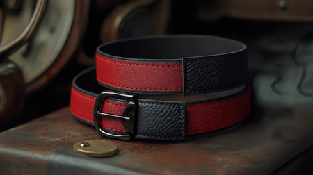 A visually striking black and red leather belt displayed against a rustic backdrop, highlighting craftsmanship and design, ideal for fashion photography and accessories.の素材