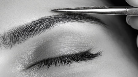 This captivating close-up image showcases a well-groomed eyebrow and lush eyelashes, highlighting the precision of grooming techniques with elegant tweezers in a serene beauty setting.の素材