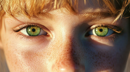 A striking close-up portrait features mesmerizing green eyes and delicate freckles, illuminated by soft natural light, capturing the essence of youthful beauty and emotion.の素材