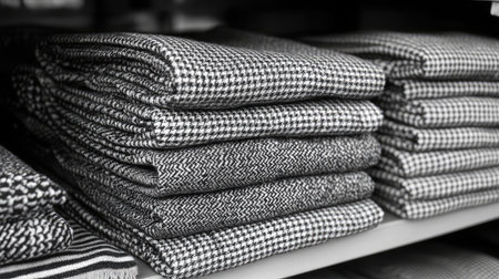 A captivating arrangement of neatly folded textiles in various monochrome patterns, perfect for showcasing style and texture in fashion or interior design projects.の素材