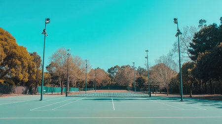 A tranquil outdoor tennis court basking in sunlight, surrounded by lush greenery, perfect for leisure activities or energetic sports games in a serene setting.の素材